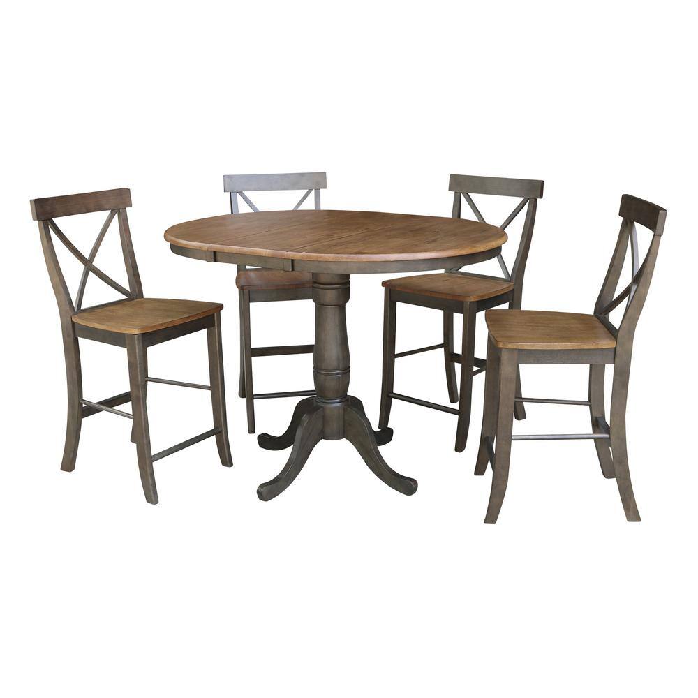 Laurel 5-Piece 36 in. Hickory/Coal Extendable Solid Wood Counter Height Dining Set with Alexa Stools
