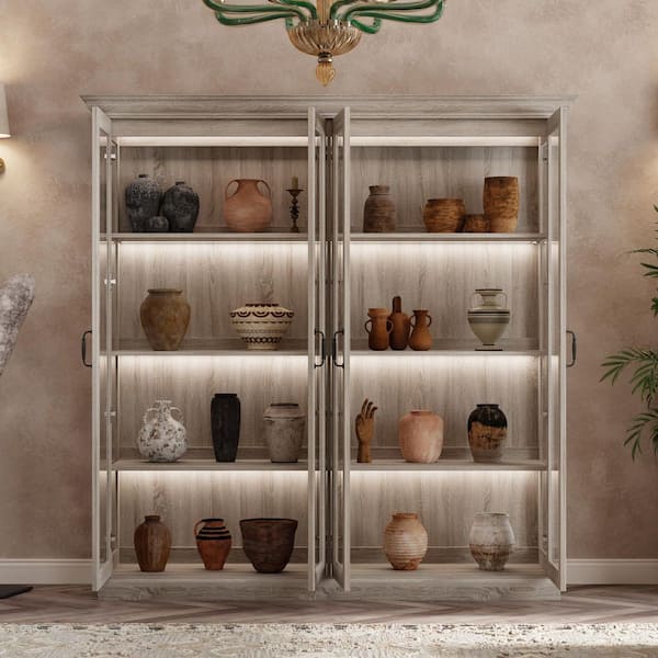 Gray Oak 68.5 in. Display Cabinet with Tempered Glass Doors and LED Strip Lighting, Anti-Tip Kit