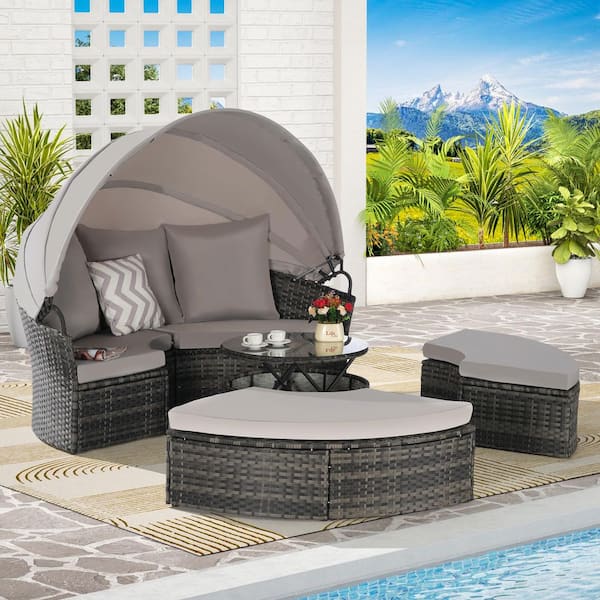 Unbranded Wicker 5-Piece Outdoor Sectional Set, Patio Daybed with Retractable Canopy and Light Gray Cushions for Porch Backyard