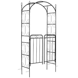 84 in. Black Metal Garden Arch Arbor with Gate for Climbing Vines Wedding Ceremony Decoration, Flourishes and Arrow Tips
