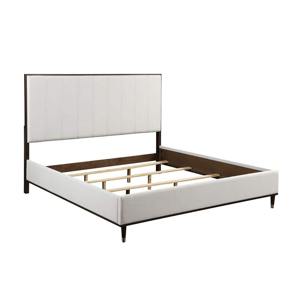 Light Gray and Brown Upholstered Queen Bed with Tufted Headboard and Storage Drawer