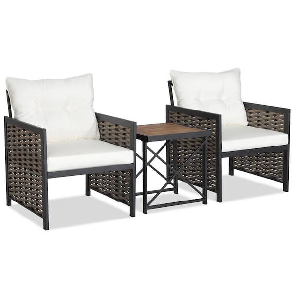 WELLFOR 3-Piece Wicker Patio Conversation Set with White Cushions