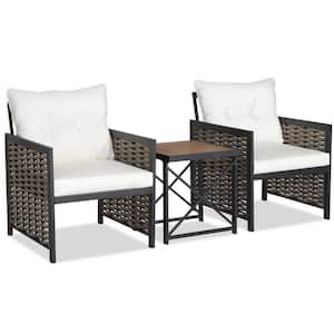 3-Piece Wicker Patio Conversation Set with White Cushions