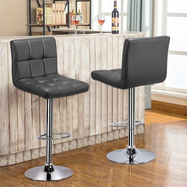 33 in. - 44 in. Height Dark Gray Low Back Metal Adjustable Bar Stool with PU Leather-Seat 360° Swivel (Set of 2)