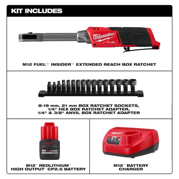 Milwaukee M12 FUEL INSIDER 12V Lithium-Ion Brushless Cordless 1/4 in. - 3/8  in. Extended Reach Box Ratchet Kit w/ Battery, Charger 3050-21 - The Home  Depot
