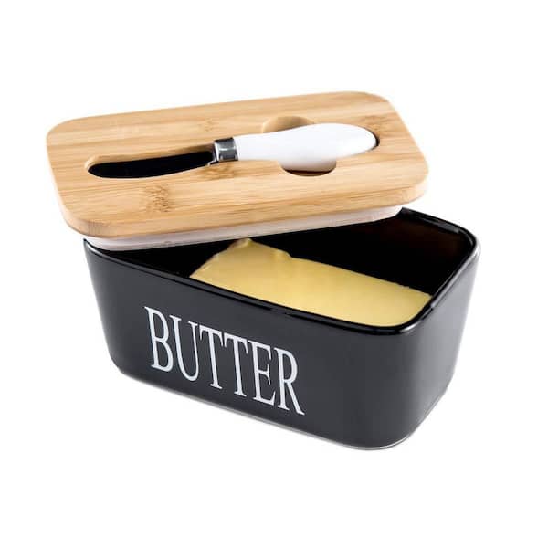 16 oz. Ceramic Butter Dish with Airtight Lid & Knife, White Butter Keeper Container with Silicone Sealing Ring, Black