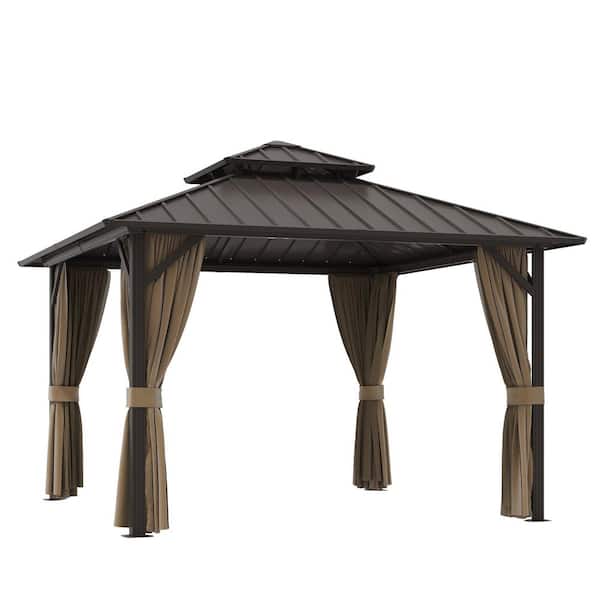 12 ft. x 12 ft. Aluminum Hardtop Gazebo with Double Galvanized Steel Roof, Netting and Curtains for Patio and Backyard
