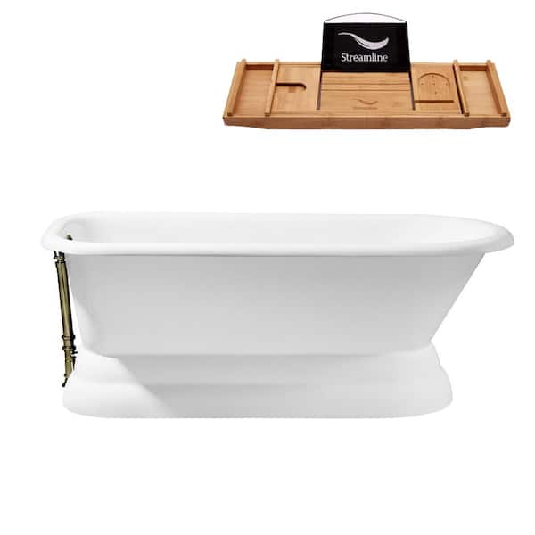 Streamline 66 in. Cast Iron Flat Bottom Non-Whirlpool Bathtub in Glossy White with Brushed Nickel External Drain and Tray