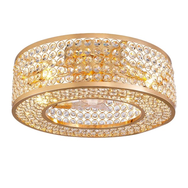 20 in. Indoor Modern Flush Mount Crystal Gold Ceiling Fan with Lights and Remote for Bedroom Dining Room