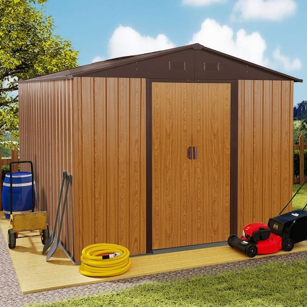 8 ft. W x 10 ft. D Metal Storage Shed Outdoor Tool Room with Foundation Frame and Hooks, Coffee (70.3 sq. ft.)