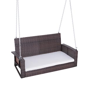 2-Person Outdoor Wicker Hanging Porch Metal Patio Swing with Super Comfortable Lounging Cushions, Curved Seat in Brown