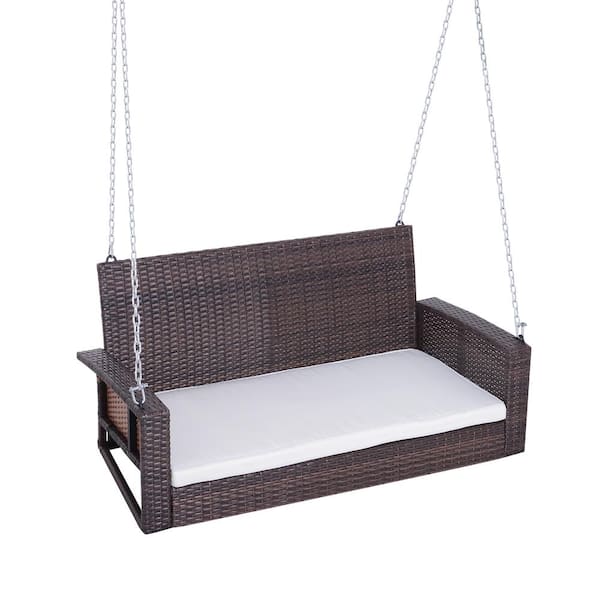 Outsunny 2-Person Outdoor Wicker Hanging Porch Metal Patio Swing with Super Comfortable Lounging Cushions, Curved Seat in Brown