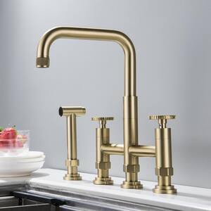 Double Handle Bridge Kitchen Faucet with Side Spray in Brushed Gold