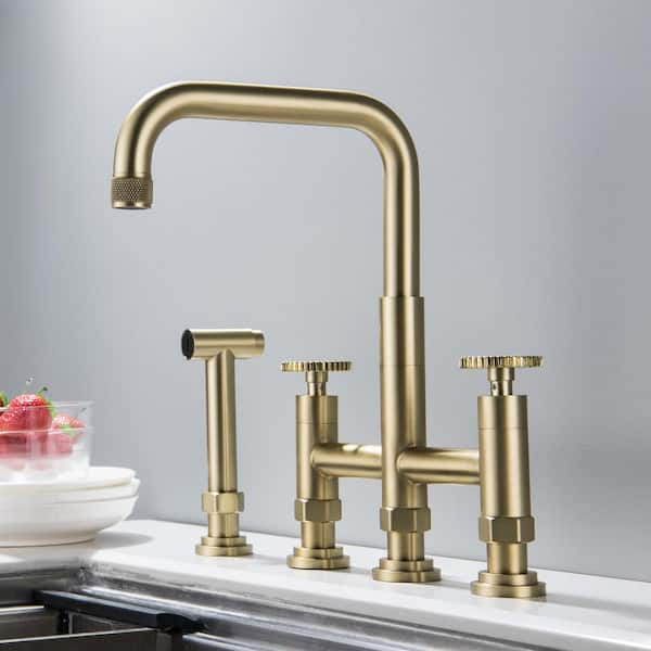 Nestfair Double Handle Bridge Kitchen Faucet With Side Spray In Brushed   Brushed Gold Nestfair Bridge Kitchen Faucets Kpf215g 64 600 