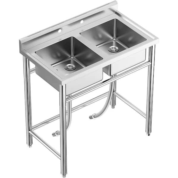 Freestanding Stainless Steel Laundry/Utility Sink, Double Bowl with Hot/Cold Water Pipes for Kitchen, Laundry, Garage