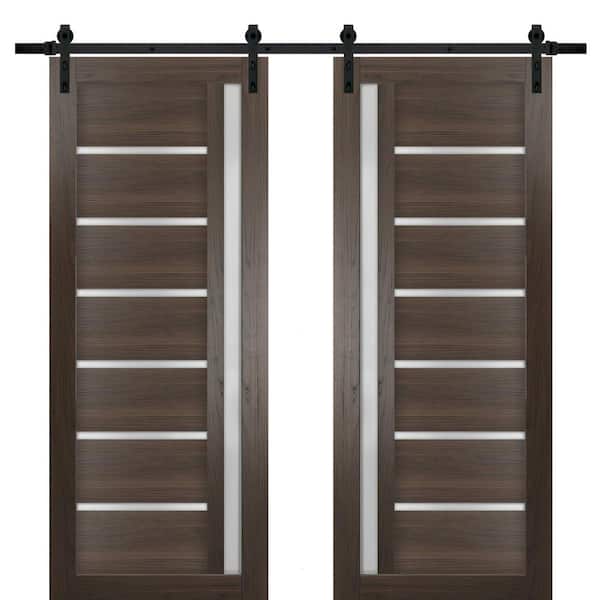 Sartodoors 42 in. x 96 in. 2 Panel Frosted Glass Chocolate Ash Solid Wood Sliding Barn Door with Hardware Kit