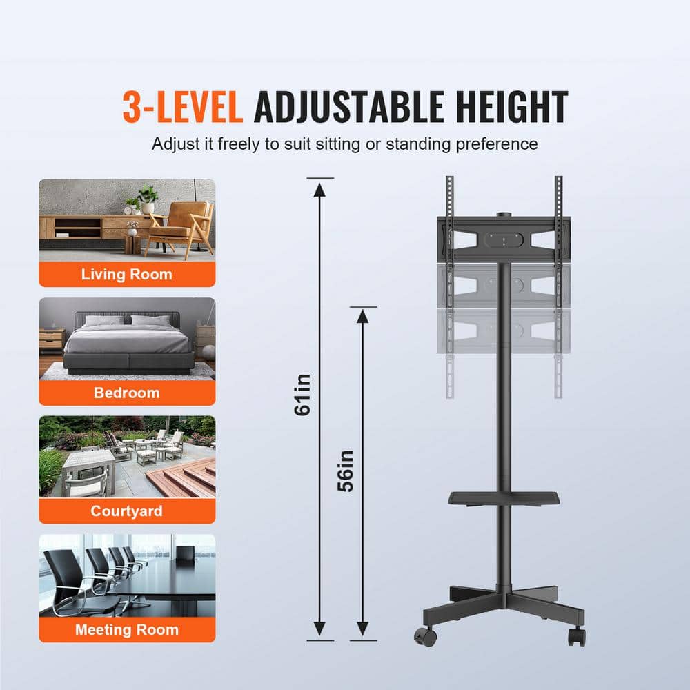 Black Adjustable Mobile TV Stand with Wheels and Tray