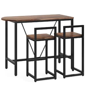 3-Piece Rectangular Dark Antique Oak Wood Top Bar Table Set, 2-Person Counter Height Dining Room Set