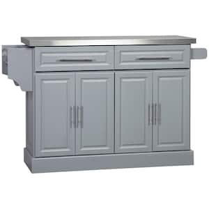 Gray Wood 57 in. Kitchen Island with Storage, Stainless Steel Top, 2-Drawers, Spice, Knife and Towel Rack