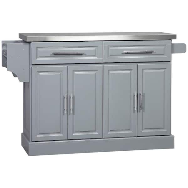 COWLOWN Gray Wood 57 in. Kitchen Island with Storage, Stainless Steel Top, 2-Drawers, Spice, Knife and Towel Rack