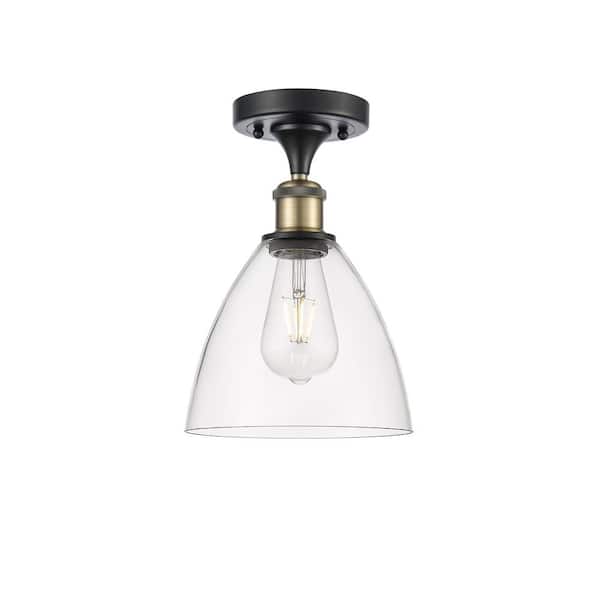 Bristol Glass 7.5 in. 1-Light Black Antique Brass Industrial Semi-Flush Mount with Clear Glass Shade