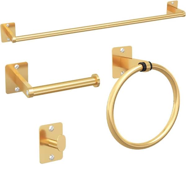Adrinfly 4-Piece Bath Hardware Set Wall Mounted Bathroom Accessories 24 in. Towel Bar, Rack, Robe Hook, TP Holder in Gold