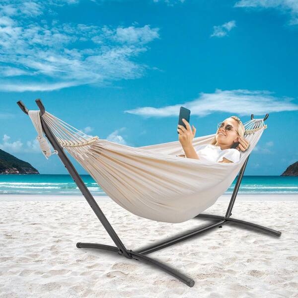 twocorn Portable White Hammock Bed with Stand Set with Carrying