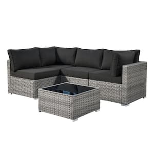 Sanibel Gray 5-Piece Wicker Patio Conversation Sofa Sectional Set with Black Cushions