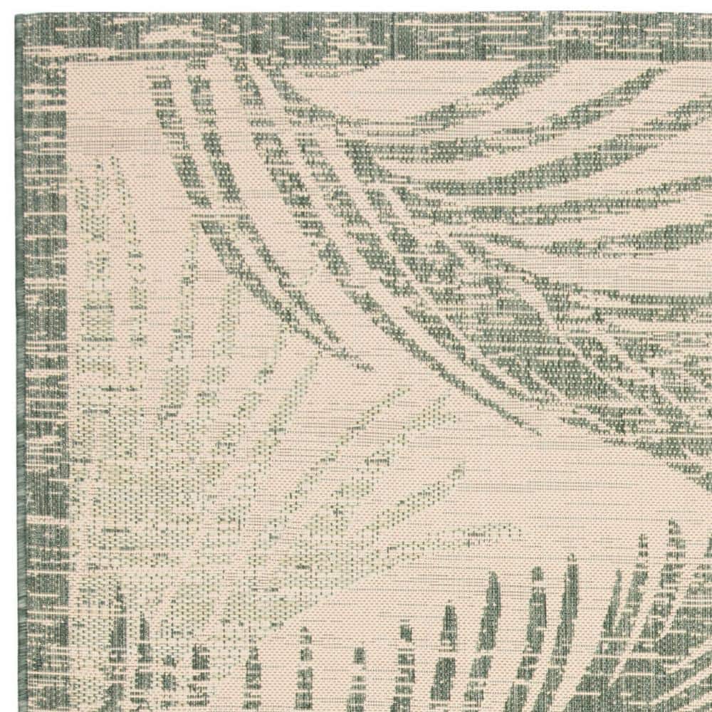Beige and Green Square Palm Leaf Indoor/Outdoor Rug