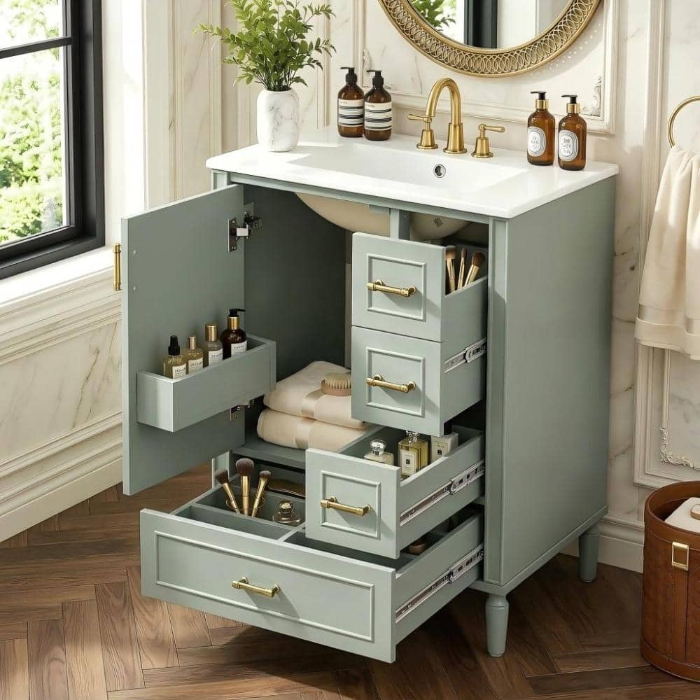 24 in. W Green Freestanding 3-Drawer Bathroom Vanity With Ceramic Top, Door Rack and Soft Close