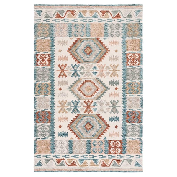 SAFAVIEH Micro-Loop Ivory/Blue Doormat 3 ft. x 5 ft. Native American Area Rug