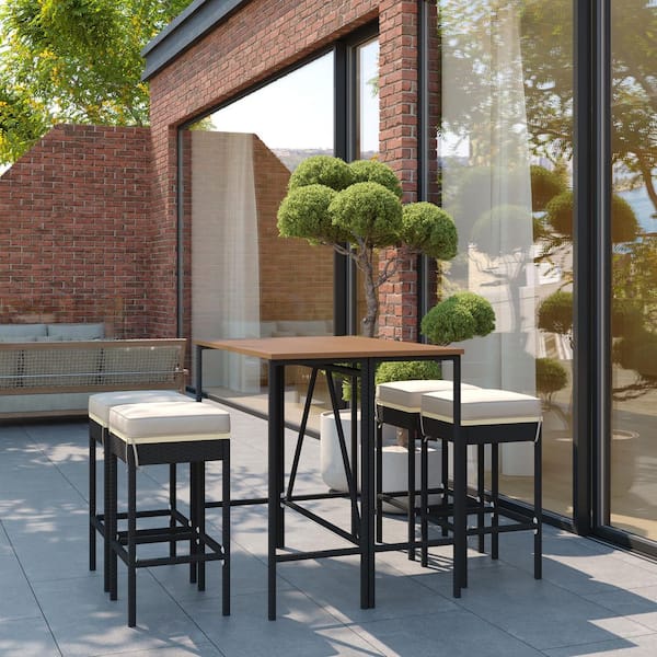 Brown 5-Piece Acacia Wood Bar Height Outdoor Bistro Set with Cushions