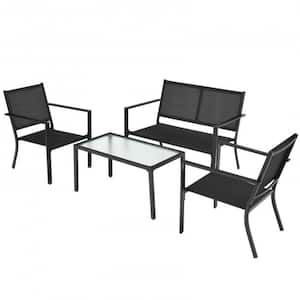 Black 4-Piece Metal Furniture Patio Conversation Set with Glass Top Coffee Table