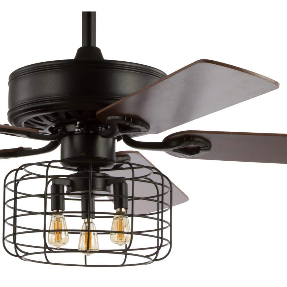 JONATHAN Y Asher Industrial Metal/Wood 52-in Forged Black with Walnut/Red walnut Blades Ceiling Fan With Light - Remote Included ( 5 -Blade )