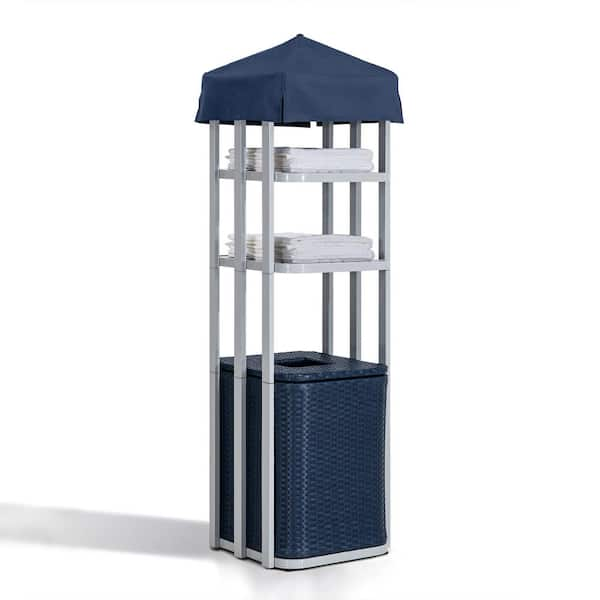 Sunjoy Aluminum Frame Poolside Towel Storage Cabinet with 2-tier Shelves And All-Weather Wicker Storage Basket for pool, Navy