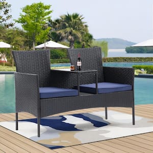 All Weather Wicker Outdoor Patio Loveseat Set with Tempered Glass Coffee Table and Blue Removable Cushions