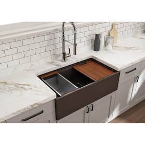 Step-Rim Matte Brown Fireclay 33 in. Single Bowl Farmhouse Apron Front Workstation Kitchen Sink with Accessories