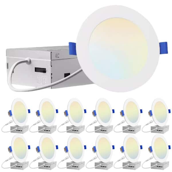 6 in. Slim Adjustable CCT 12-Watt White Integrated LED Recessed Light Kit with Night Light,Junction Box Included,12-Pack