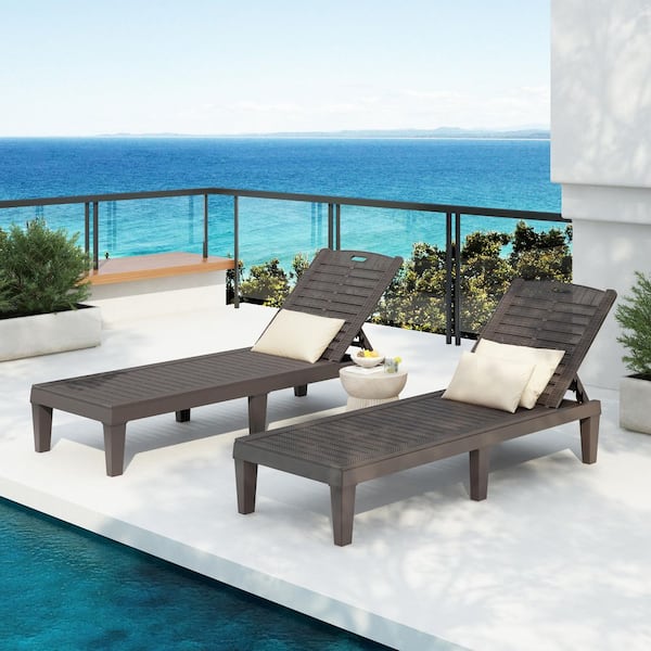 Dark Brown Outdoor Chaise Lounge Set of 2, Resin Pool Lounge Chairs with Adjustable Backrest (No Pillows)