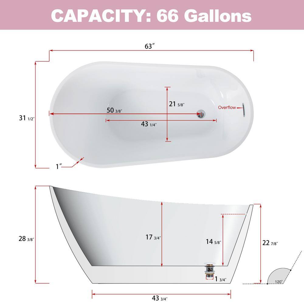 63'' Glossy White Freestanding Acrylic Soaking Bathtub