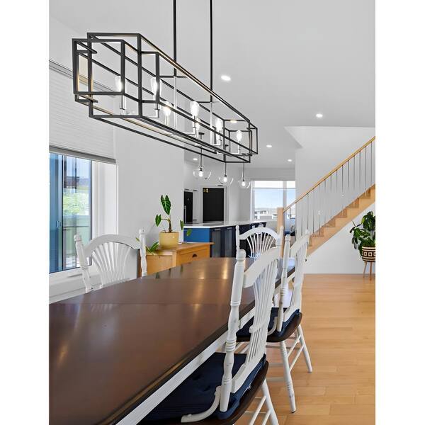 Titania 8-Light Linear Chandelier – 44” Length, Brushed Nickel & Black Two-Tone Metal, Open Cage Design For Kitchen Islands, Dining Rooms & Game Rooms