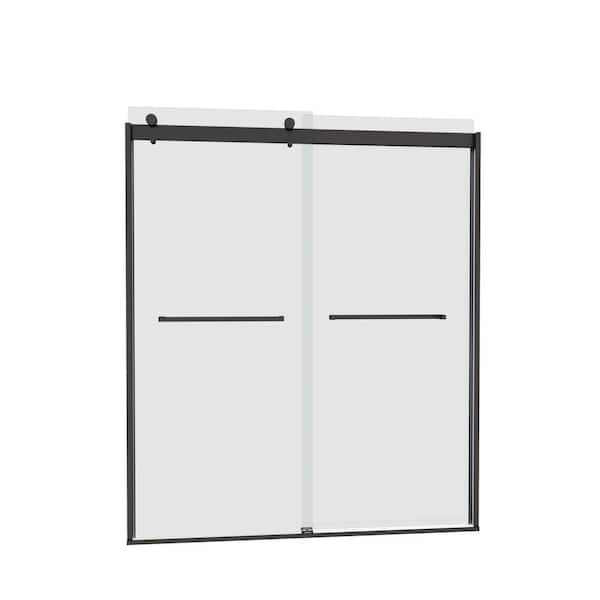 VANITYFUS 60 in. W x 74 in. H Double Sliding Frameless Shower Door in Matte Black with Smooth Sliding and 5/16 in. (8 mm) Glass