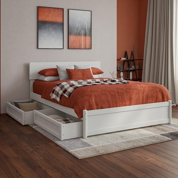 AFI Wesley White Solid Wood Frame Full Platform Bed with Panel Footboard and Storage Drawers