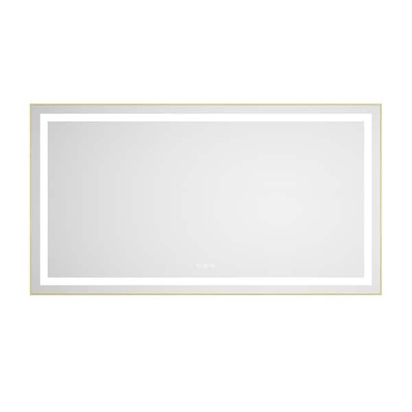 55 in. W x 30 in. H Rectangular Aluminum Framed LED Anti-Fog Wall Mounted Bathroom Vanity Mirror in Brushed Gold