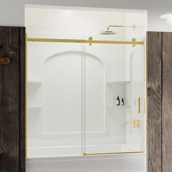 56-60 in. W x 58 in. H Sliding Semi Frameless Tub Door in Brushed Gold with Clear Glass