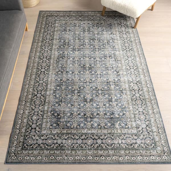 Kenia Medallion Spill Proof Washable Slate Blue 9 ft. x 12 ft. Indoor Area Rug