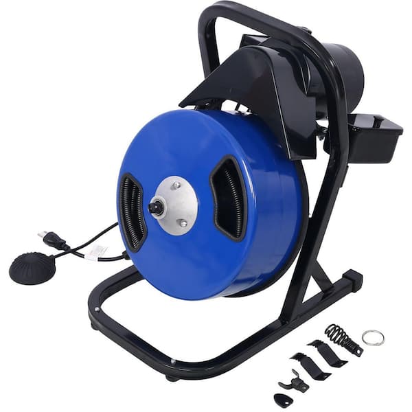Commercial Sewer Snake Drill Drain Auger Cleaner Cable 60 ft. Long 1/2 in. 4)-Cutter Set and Foot Switch with Wheel