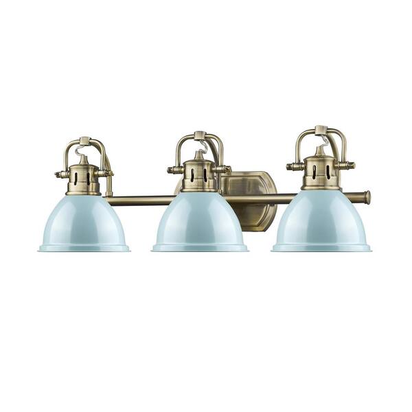Golden Lighting - Duncan 8.25 in. 3-Light Aged Brass Vanity Light with Green Shade