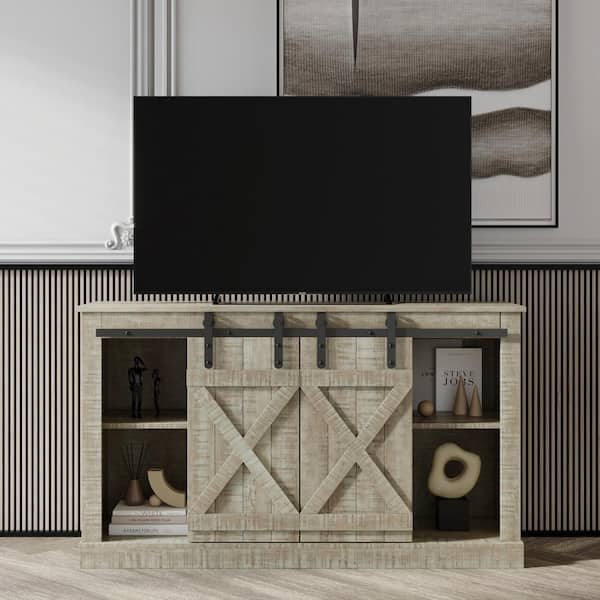 Seafuloy 53.94 in.Width Wood Farmhouse Sliding Barn Door Storage TV Stand for TV up to 65 Inch in Gray