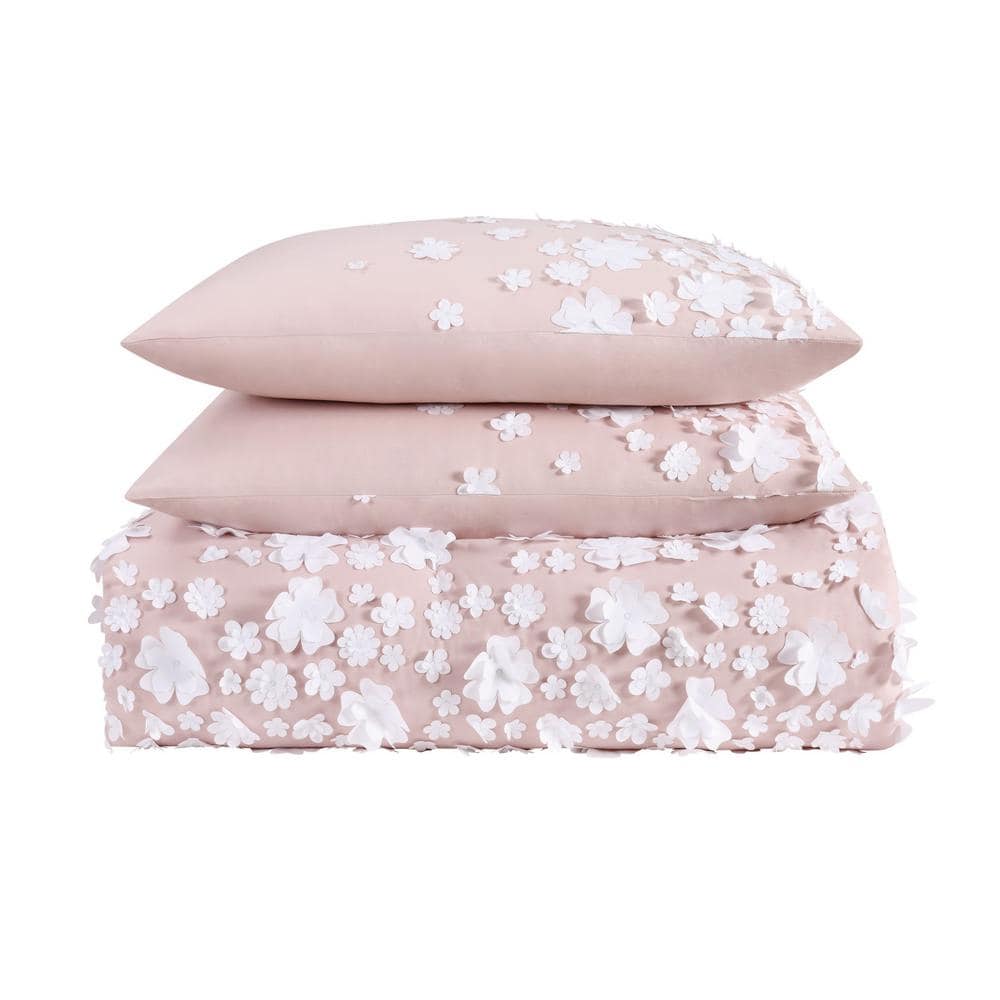 Blush Microfiber Twin Reversible Comforter Set with Floral Applique